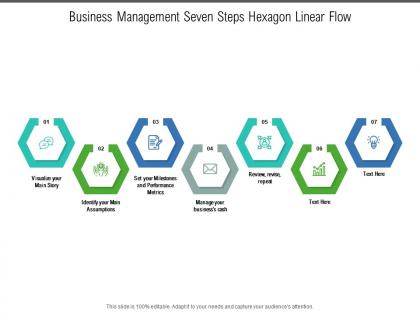 Business management seven steps hexagon linear flow