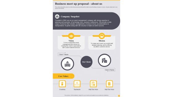 Business Meet Up Proposal About Us One Pager Sample Example Document