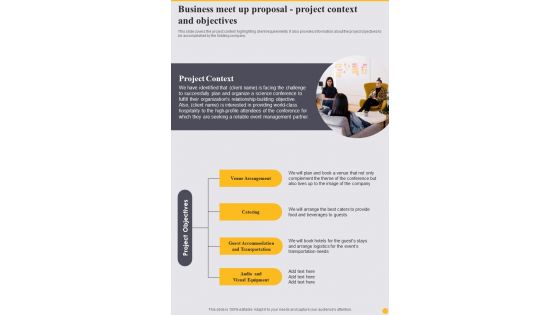 Business Meet Up Proposal Project Context And Objectives One Pager Sample Example Document