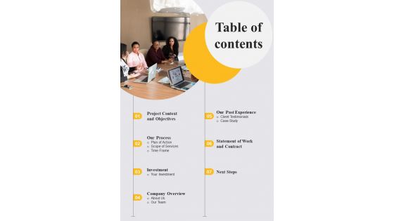Business Meet Up Proposal Table Of Contents One Pager Sample Example Document