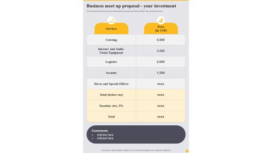 Business Meet Up Proposal Your Investment One Pager Sample Example Document