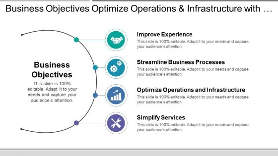 Business objectives optimize operations and infrastructure with icons