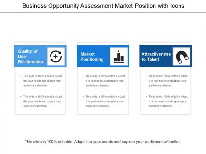 Business opportunity assessment market position with icons