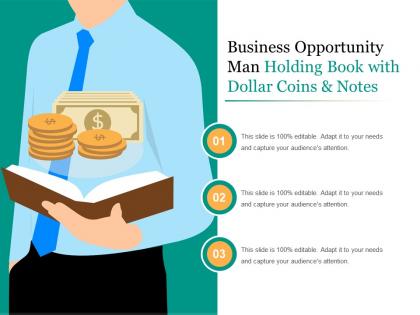 Business opportunity man holding book with dollar coins and notes