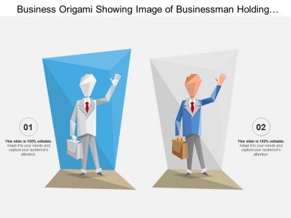 Business origami showing image of businessman holding briefcase and waving