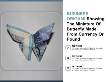 Business origami showing the miniature of butterfly made from currency or pound