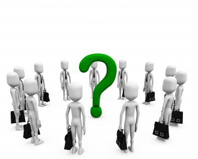 Business peoples in circle and question mark in middle stock photo