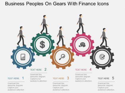 Business peoples on gears with finance icons flat powerpoint desgin
