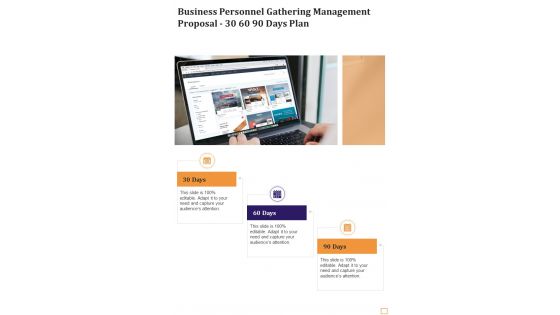 Business Personnel Gathering Management Proposal 30 60 90 Days Plan One Pager Sample Example Document