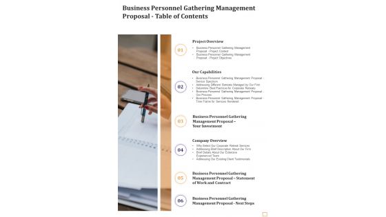 Business Personnel Gathering Management Proposal Table Of Contents One Pager Sample Example Document