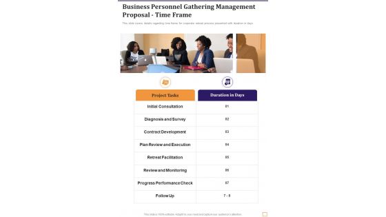 Business Personnel Gathering Management Proposal Time Frame One Pager Sample Example Document