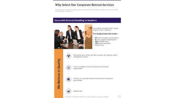Business Personnel Why Select Our Corporate Retreat Services One Pager Sample Example Document