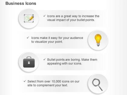 Business pie chart bulb idea generation suitcase magnifier ppt icons graphics