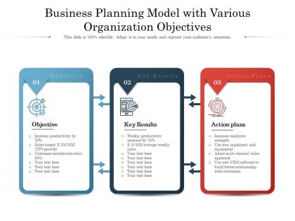 Business planning model with various organization objectives