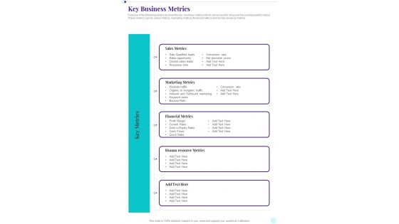 Business Playbook Key Business Metrics One Pager Sample Example Document