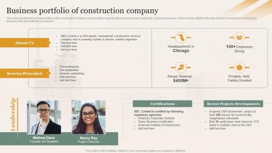 Business Portfolio Of Construction Company Enhancing Safety Of Civil Construction Site