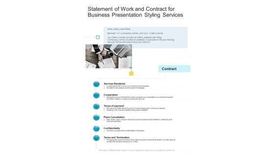 Business Presentation Styling For Statement Of Work And Contract One Pager Sample Example Document