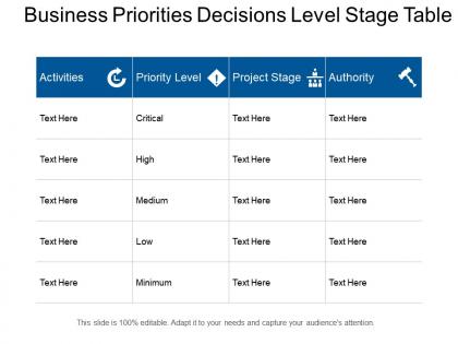Business priorities decisions level stage table