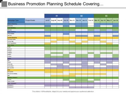 Business promotion planning schedule covering campaign type with project goals
