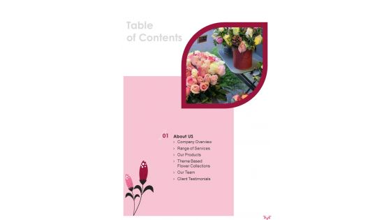Business Proposal For Event Floral Company Table Of Contents One Pager Sample Example Document