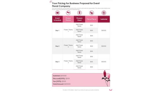 Business Proposal For Event Floral Company Your Pricing One Pager Sample Example Document
