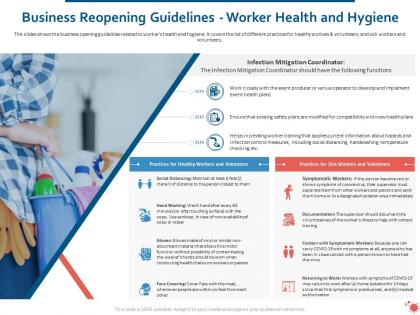 Business reopening guidelines worker health and hygiene ppt visual aids