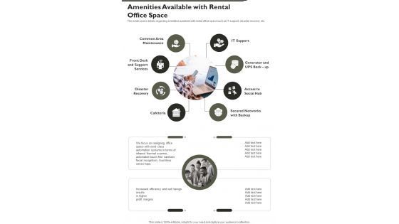 Business Space Amenities Available With Rental Office Space One Pager Sample Example Document