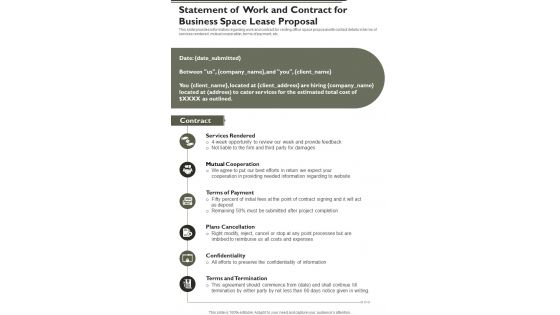 Business Space Lease Proposal For Statement Of Work And Contract One Pager Sample Example Document