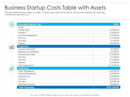 Business startup costs table with assets