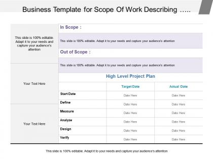 Business template for scope of work describing business case problem statement and plan detail