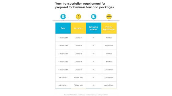 Business Tour And Packages For Your Transportation Requirement One Pager Sample Example Document