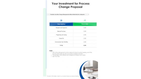Business Transformation Your Investment For Process Change Proposal One Pager Sample Example Document