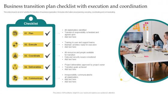 Business Transition Plan Checklist With Execution And Coordination