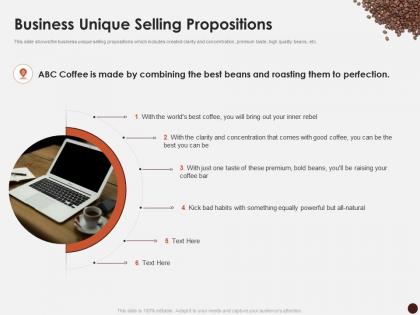 Business unique selling propositions master plan kick start coffee house ppt elements