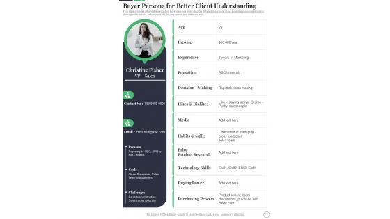 Buyer Persona For Better Client Understanding Sales Playbook One Pager Sample Example Document