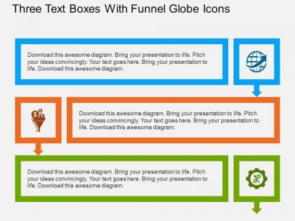 Bx three text boxes with funnel globe icons flat powerpoint design