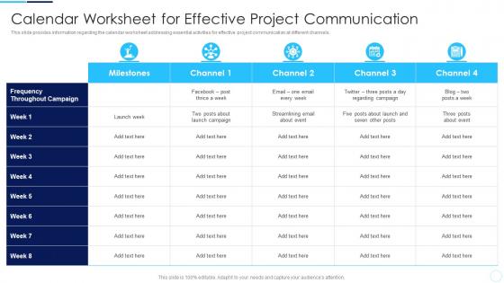 Calendar Worksheet For Effective Coordination Activities Successful Project