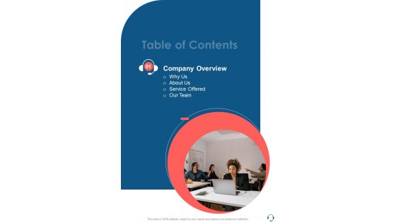 Call Center Proposal For Table Of Contents One Pager Sample Example Document