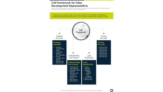 Call Framework For Sales Development Representative One Pager Sample Example Document