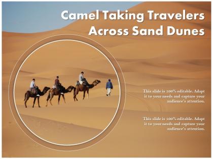 Camel taking travelers across sand dunes