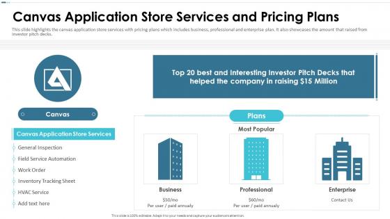Canvas Investor Funding Elevator Pitch Deck Application Store Services And Pricing Plans