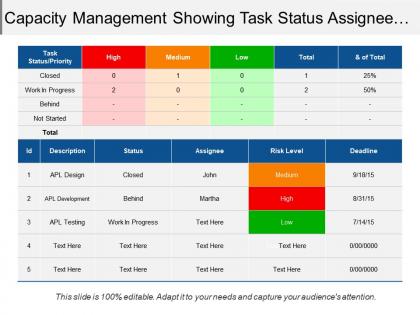 Capacity management showing task status assignee risk level
