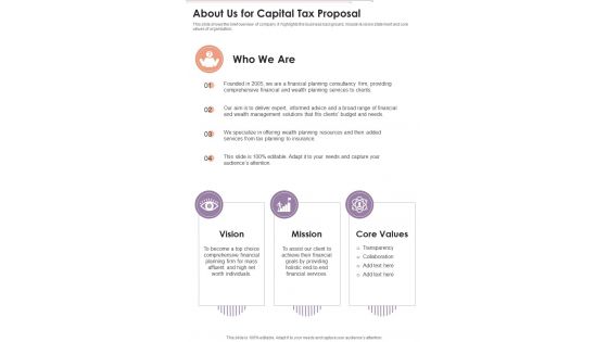 Capital Tax Proposal About Us One Pager Sample Example Document