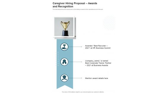 Caregiver Hiring Proposal Awards And Recognition One Pager Sample Example Document
