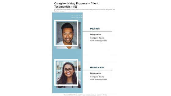 Caregiver Hiring Proposal Client Testimonials One Pager Sample Example Document