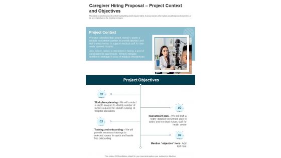 Caregiver Hiring Proposal Project Context And Objectives One Pager Sample Example Document