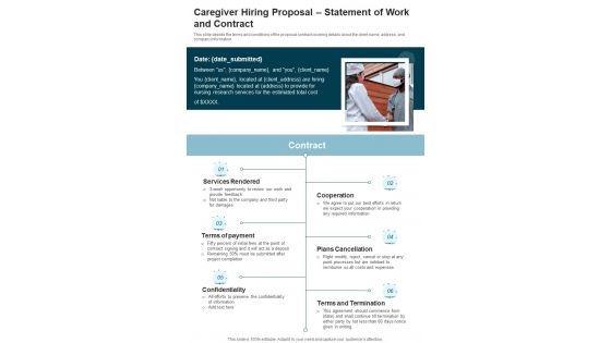 Caregiver Hiring Proposal Statement Of Work And Contract One Pager Sample Example Document