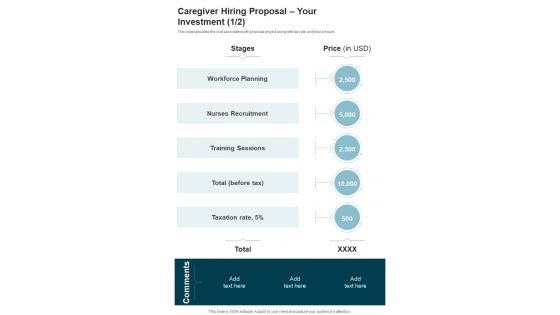 Caregiver Hiring Proposal Your Investment One Pager Sample Example Document