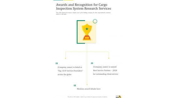 Cargo Inspection System Research Services Awards And Recognition For One Pager Sample Example Document
