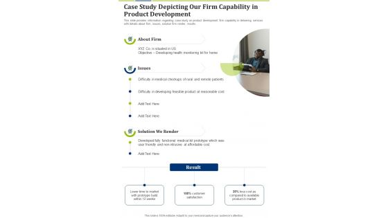 Case Study Depicting Our Firm Capability In Product Development One Pager Sample Example Document